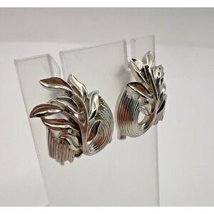 Vintage Trifari Silver Clip Earrings Sculptural Leaf Swirl Mid Century Signed